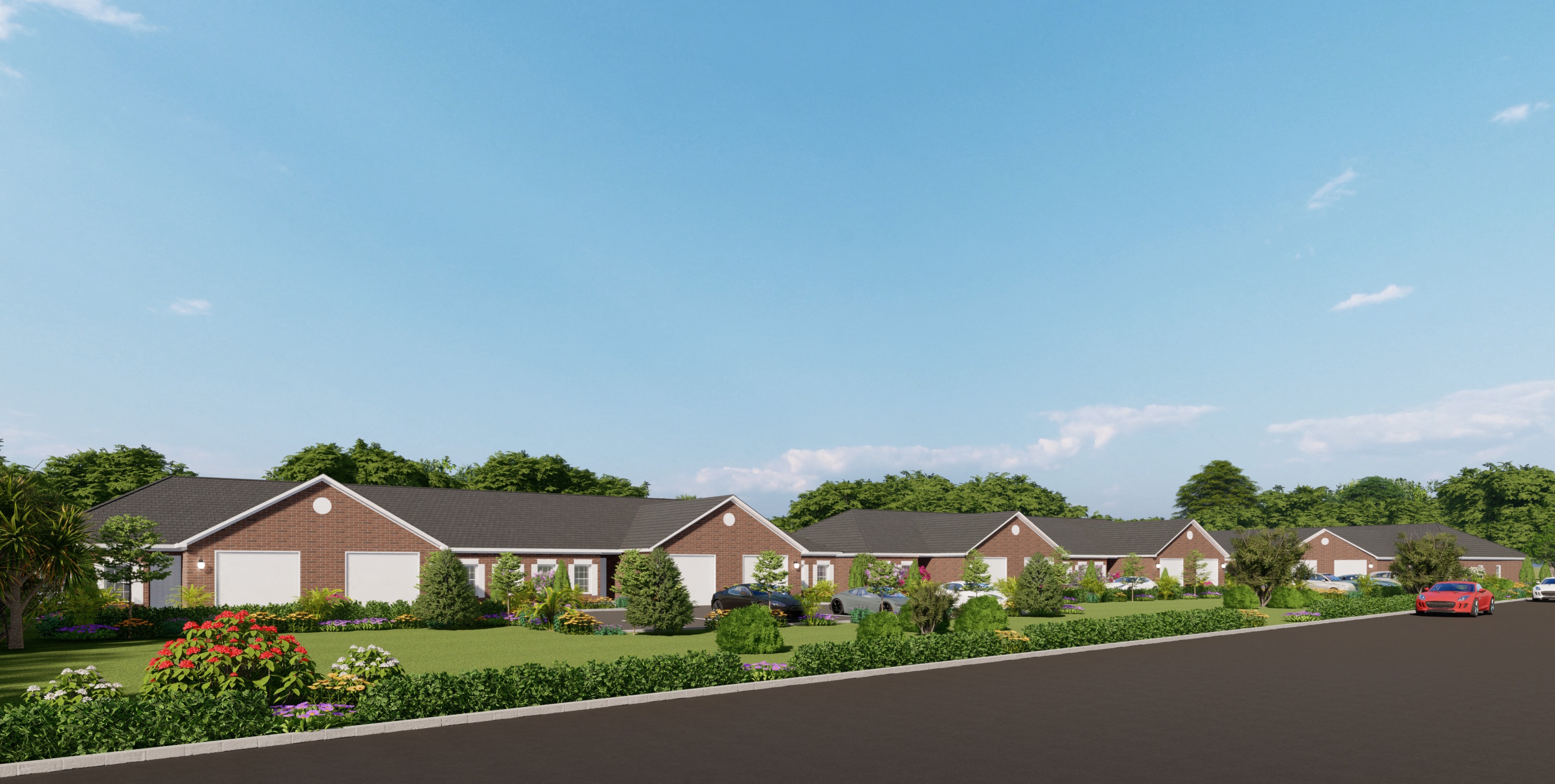a rendering of a neighbourhood with houses and a road